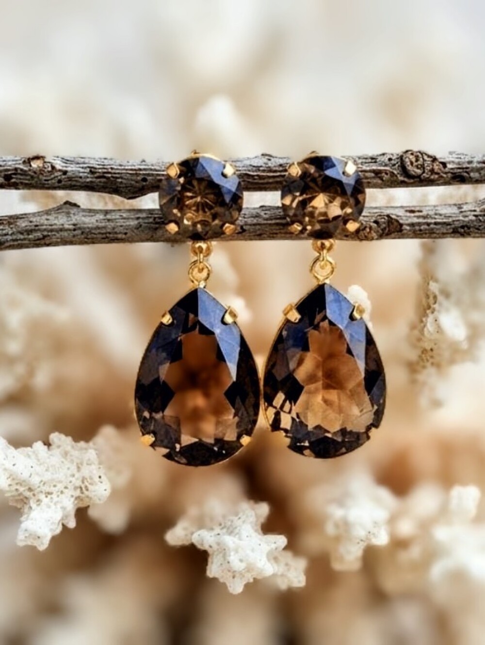 Impressive 22.7 Carats Genuine Smoky Quartz In Two Stone Gold Plated Earrings